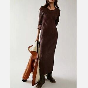 Free People Ribbed Long Sleeve Maxi Dress in Dark Brown